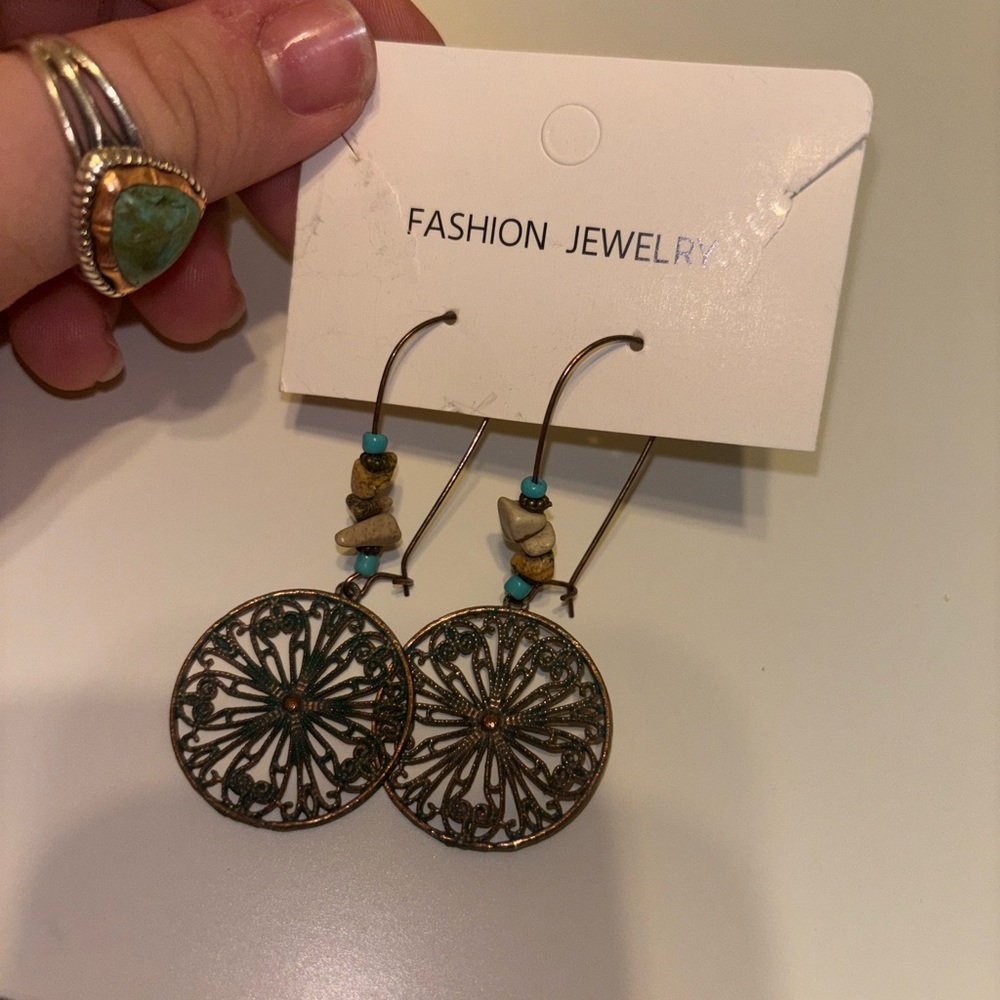 Boho Gold and Green Filigree Earrings